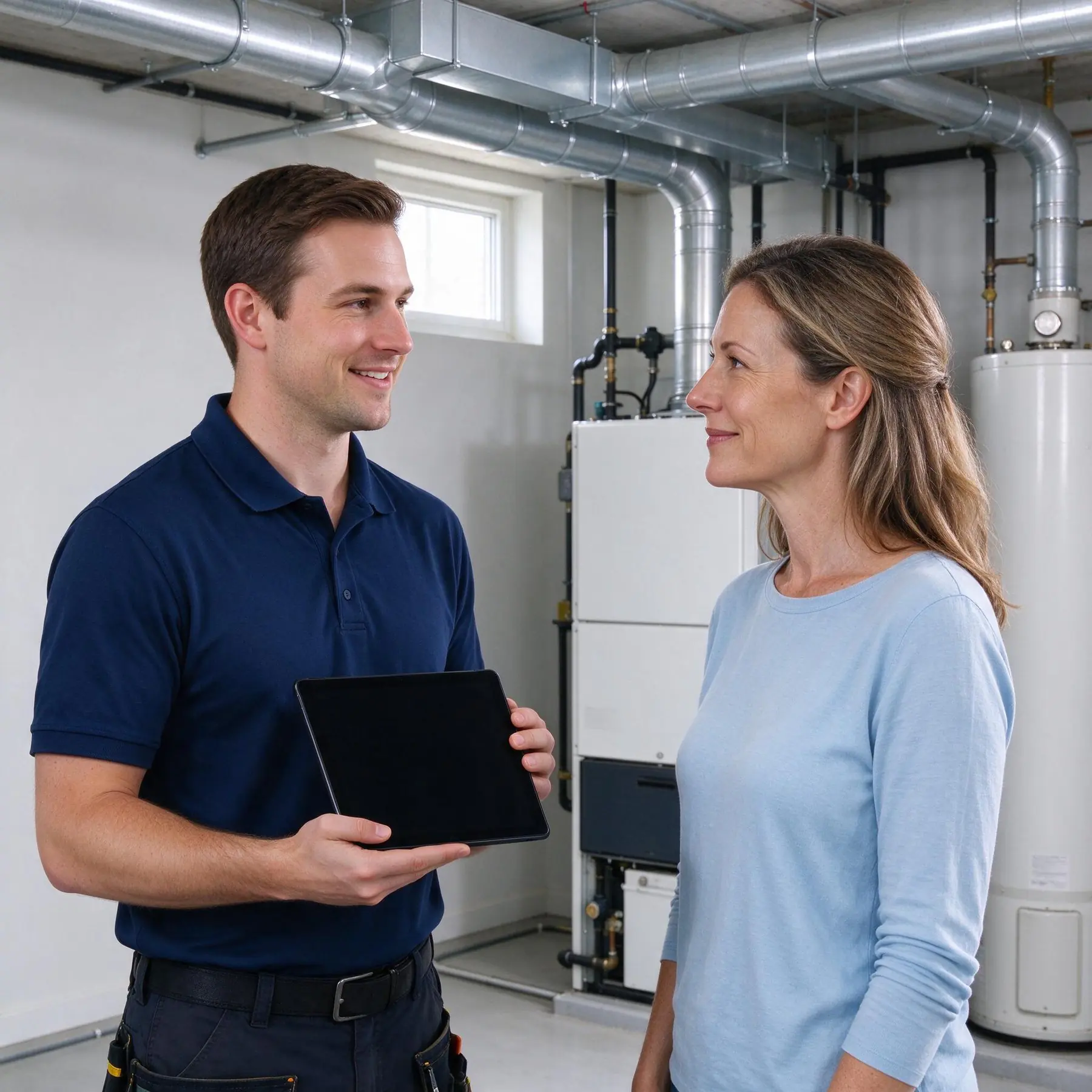 Comfort advisor reviewing a home's furnace and water heater with the homeowner